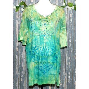 Liz & Me Green & Blue Top Blouse Size 0X 14W 16W Lace Studded Whimsical Fairy